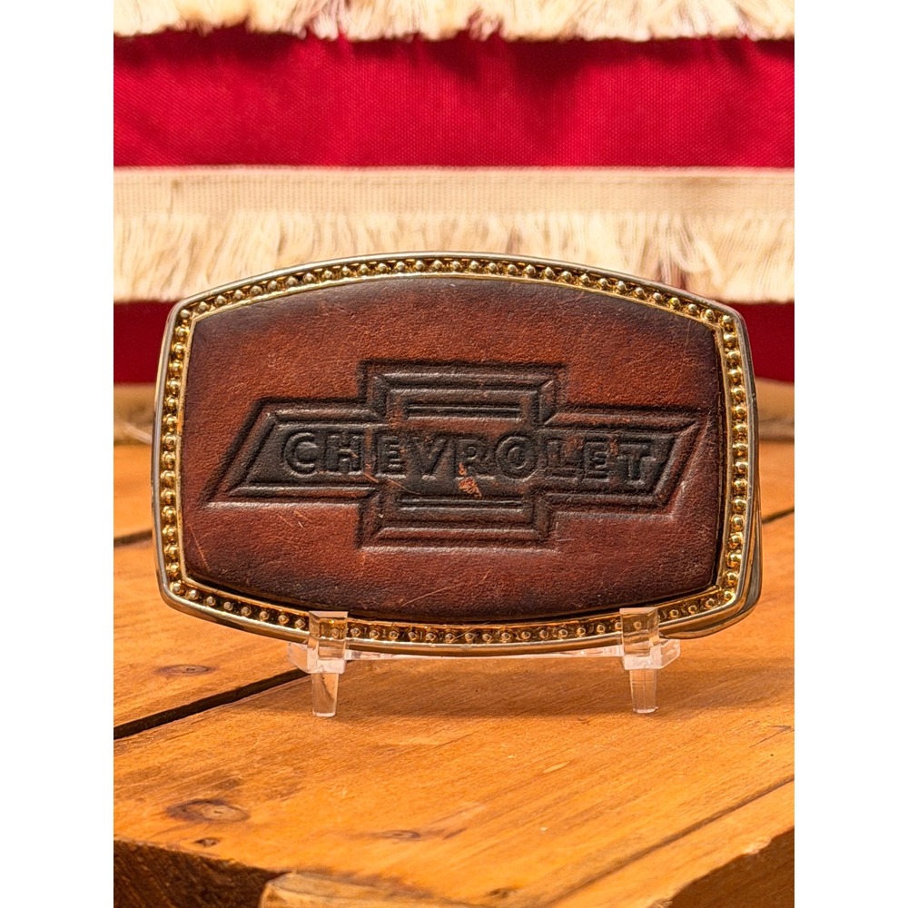 Vintage Chevrolet Leather Belt Buckle Alumaline BB-317 Chevy Bowtie Gold Tone